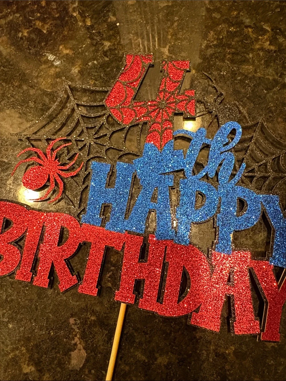 4th Happy Birthday Glitter Cake Topper - Red & Blue Spider Theme